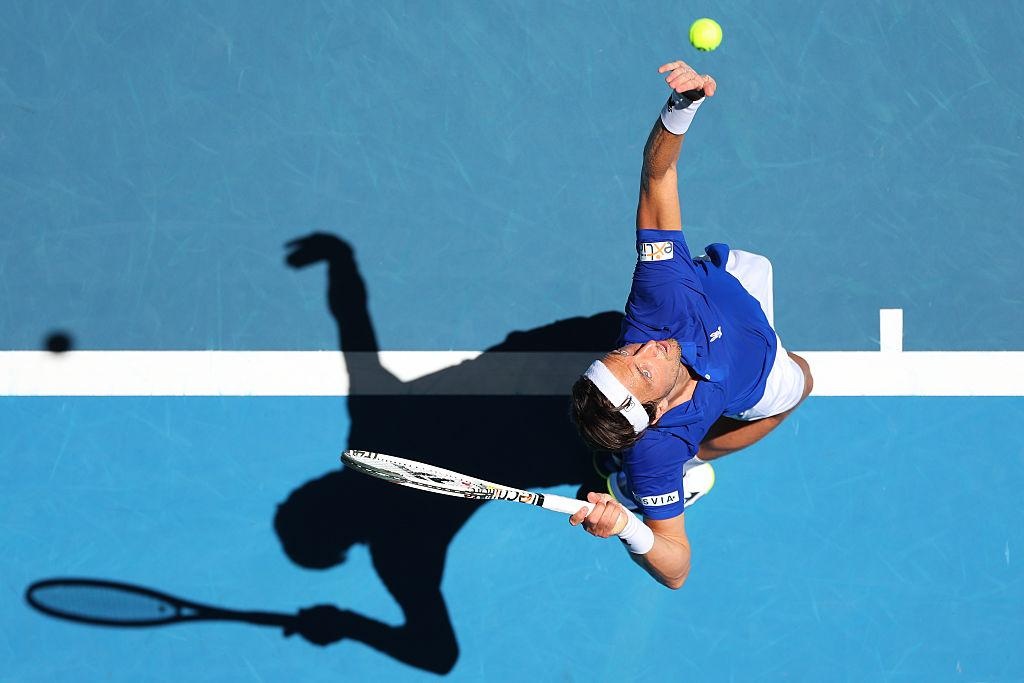 Arthur Rinderknech serving in 2026 quarterfinal on Centre Court