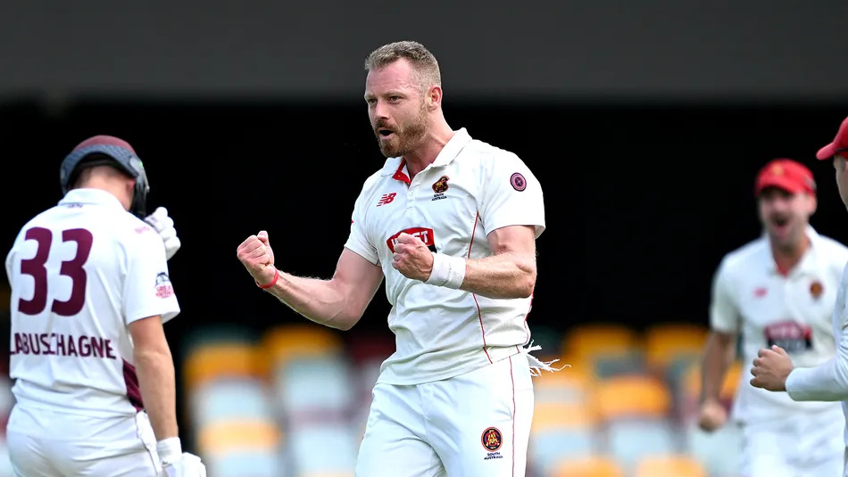 South Australia bowler celebrates wicket during Queensland vs South Australia 22nd Match 2026 at The Gabba Brisbane