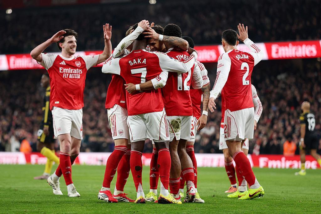Arsenal players celebrating during Premier League 2026 season match