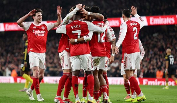 Arsenal players celebrating during Premier League 2026 season match